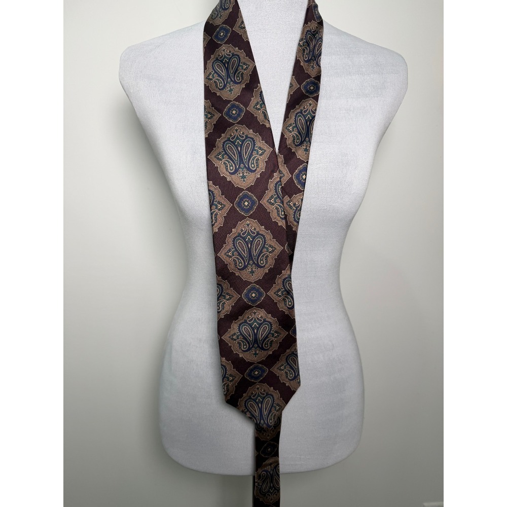 Oscar de la Renta Couture Mens Silk‎ Paisley Tie Burgundy Teal Medallion